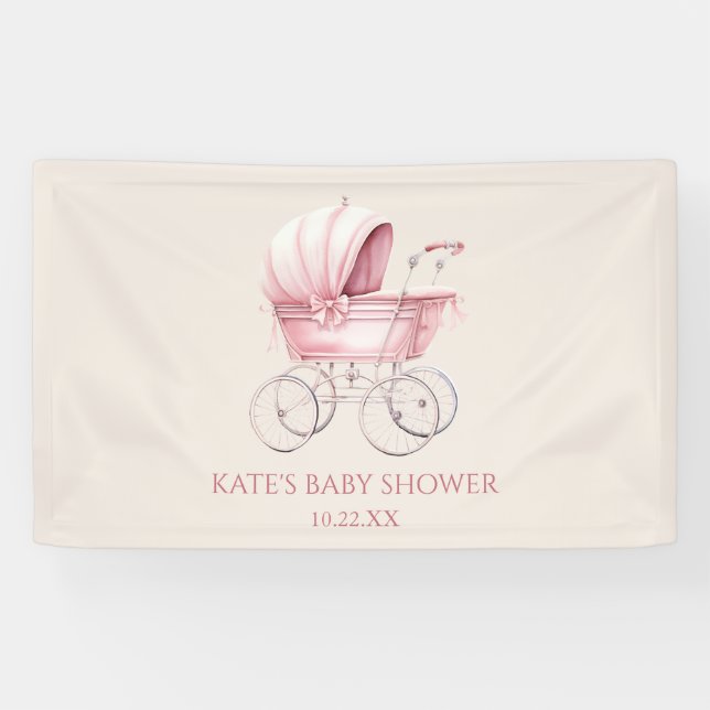 Elegant Pink Vintage Baby Carriage Baby Shower Banner (Horizontal)