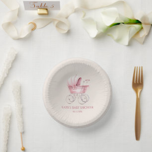 Elegant Pink Vintage Baby Carriage Baby Shower Paper Plate