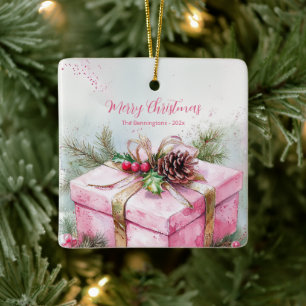 Elegant Pink Vintage Christmas Ceramic Ornament