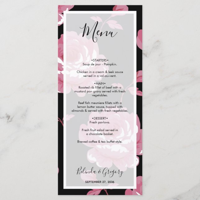 Elegant Pink Vintage Roses Wedding Menu (Front)