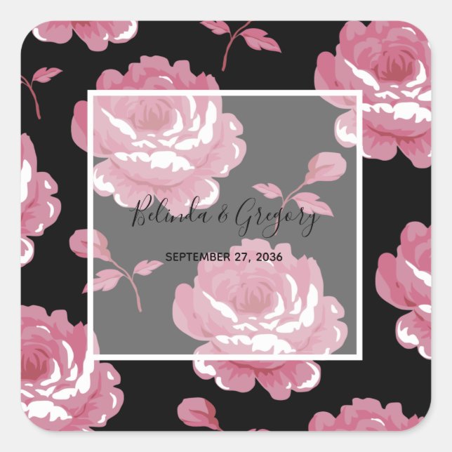 Elegant Pink Vintage Roses Wedding Square Sticker (Front)