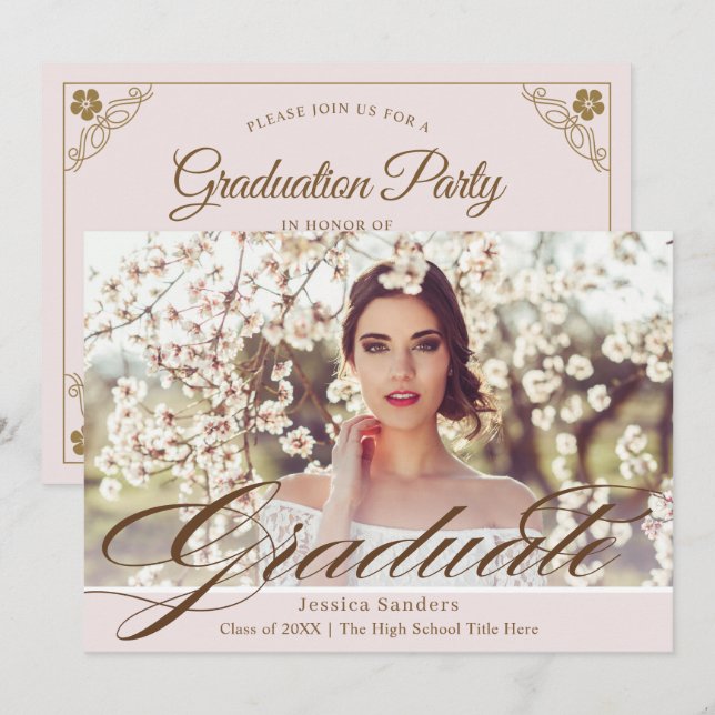 Elegant Pink Vintage Script Photo Graduation Party Invitation (Front/Back)