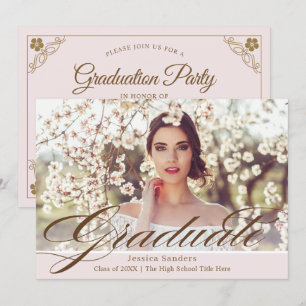 Elegant Pink Vintage Script Photo Graduation Party Invitation