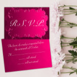 Elegant Pink Vintage Wedding RSVP<br><div class="desc">This charming wedding RSVP in fuchsia pink showcases a beautiful vintage theme reminiscent of old parchment, with a stylish frame of crimson scrolling elements and curlicues. The ornamental swirling frame surrounds classic script typography in white, with the traditional R.S.V.P. title. The back of the card features all the necessary details,...</div>