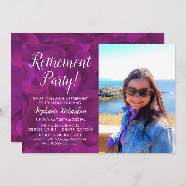Elegant Pink Violet Rose Photo Retirement Party Invitation (Front/Back)