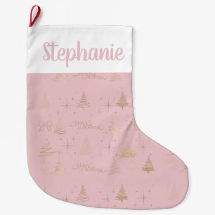 Elegant Pink W/ Gold Christmas Tree Doodles Large Christmas Stocking