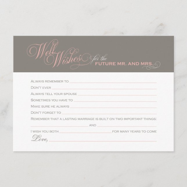 Elegant Pink Warm Grey Bridal Shower Well Wishes Advice Card (Front)