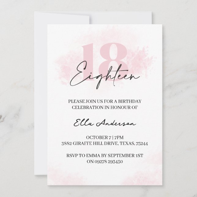 Elegant Pink Watercolor 18th Birthday Party Invitation (Front)