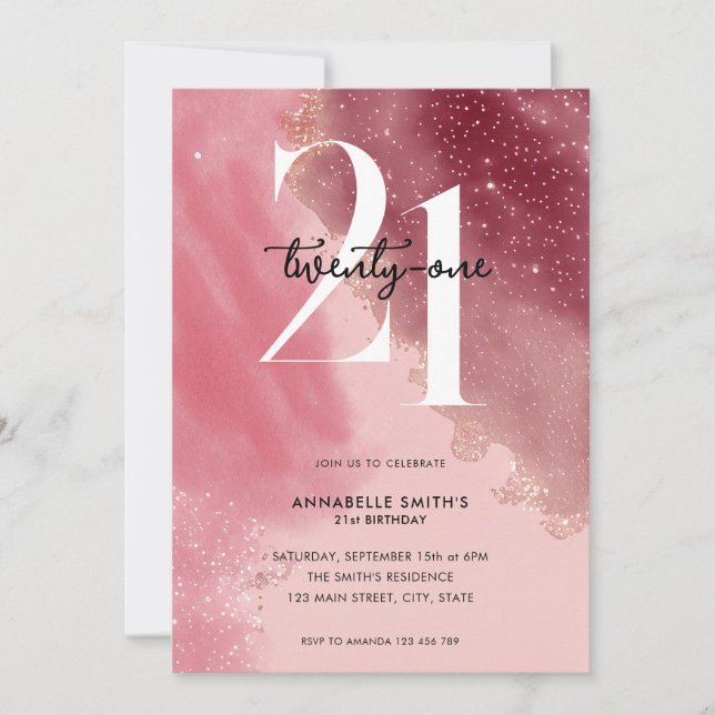 Elegant Pink Watercolor 21st Birthday Invitation (Front)