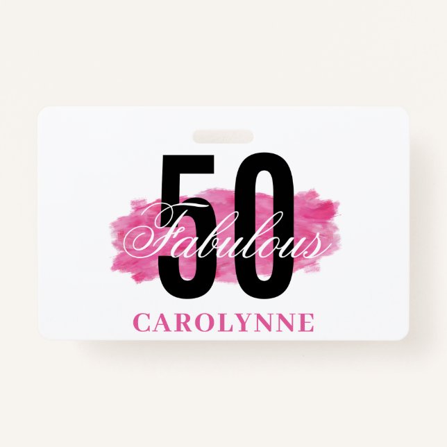 Elegant Pink Watercolor 50th Birthday Party ID Badge (Front)