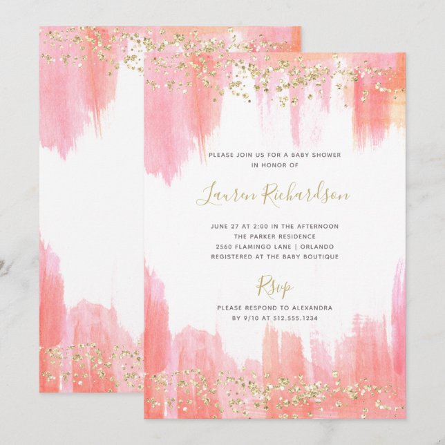 Elegant Pink Watercolor and Gold | Baby Shower Invitation (Front/Back)