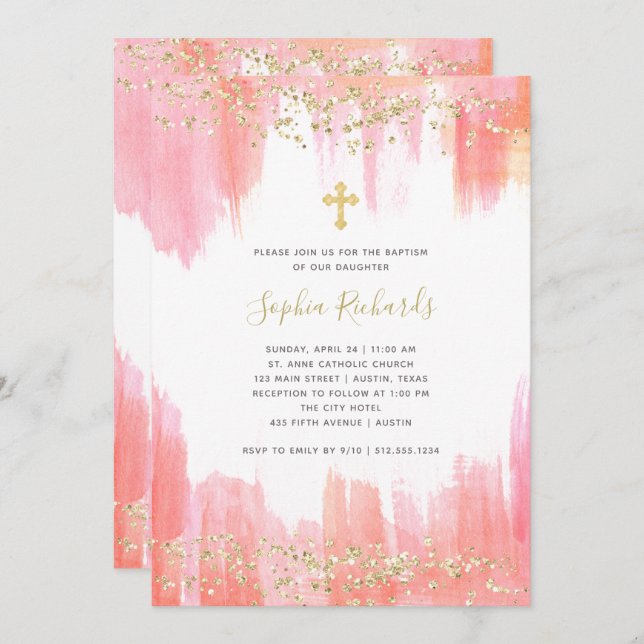 Elegant Pink Watercolor and Gold | Baptism Invitation (Front/Back)