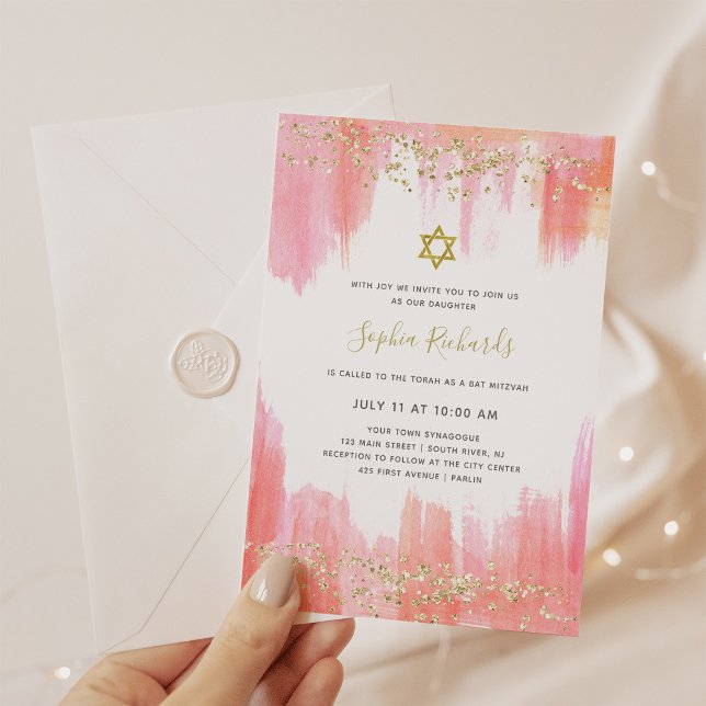 Elegant Pink Watercolor and Gold | Bat Mitzvah Invitation (Creator Uploaded)