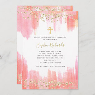 Elegant Pink Watercolor and Gold   First Communion Invitation