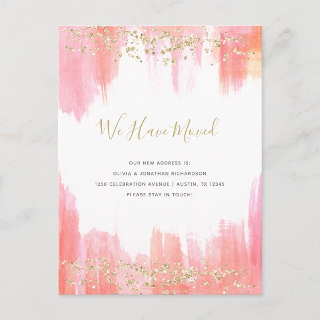 Elegant Pink Watercolor and Gold | New Address Announcement Postcard (Front)