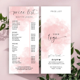 Elegant Pink Watercolor Beauty Services Price List Rack Card
