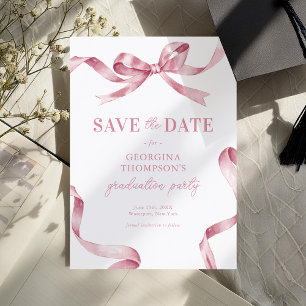 Elegant Pink Watercolor Bow Graduation Save The Date