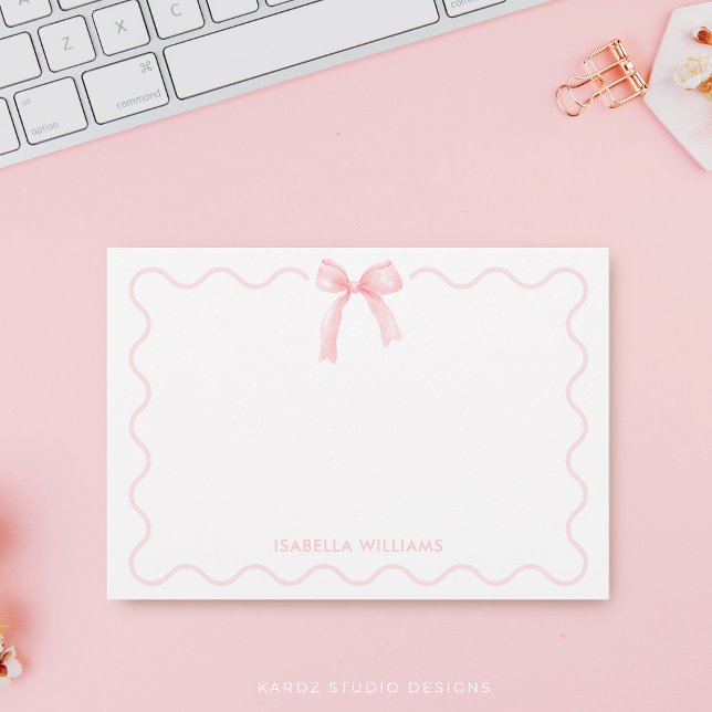 Elegant Pink Watercolor Bow Personalised Note Card (Flat note card is shown in 3.5 x 5 inches. Add name, choose size and corner style.)