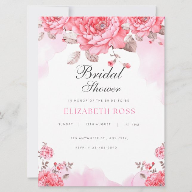 Elegant Pink Watercolor Bridal Shower Invitation (Front)