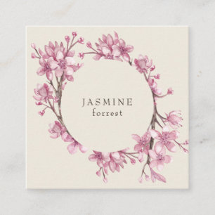 Elegant Pink Watercolor Cherry Blossom Wreath Square Business Card