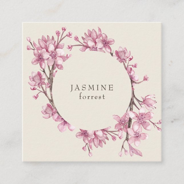 Elegant Pink Watercolor Cherry Blossom Wreath Square Business Card (Front)
