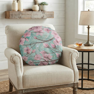 Elegant Pink Watercolor Cherry Blossoms On Agate Round Cushion