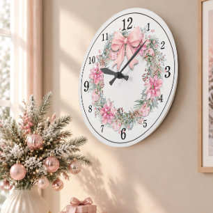 Elegant Pink Watercolor Christmas Wreath Large Clock