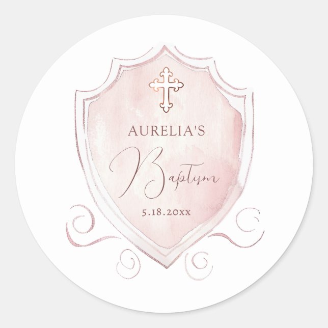 Elegant Pink Watercolor Crest Baptism Classic Round Sticker (Front)