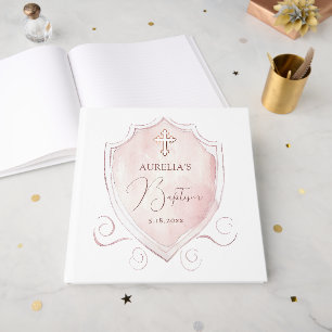 Elegant Pink Watercolor Crest Baptism Guest Book