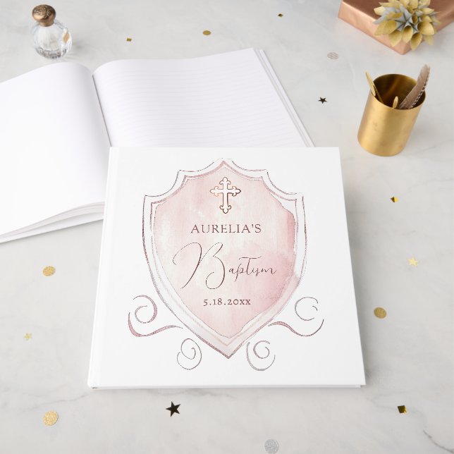 Elegant Pink Watercolor Crest Baptism Guest Book (Front Open)