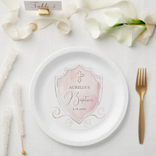 Elegant Pink Watercolor Crest Baptism Paper Plate