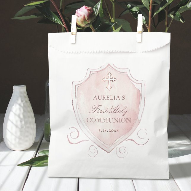 Elegant Pink Watercolor Crest First Communion Favour Bags (Creator Uploaded)