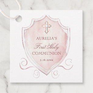 Elegant Pink Watercolor Crest First Communion Favour Tags