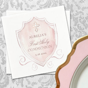 Elegant Pink Watercolor Crest First Communion Napkin
