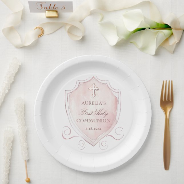 Elegant Pink Watercolor Crest First Communion Paper Plate (Wedding)