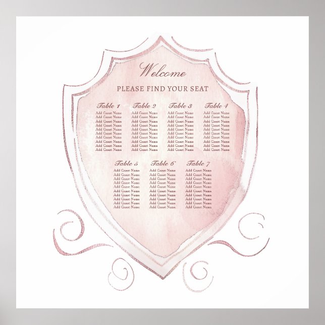Elegant Pink Watercolor Crest Seating Chart (Front)