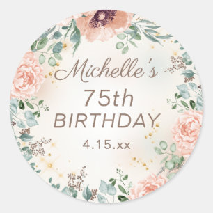 Elegant Pink Watercolor Floral 75th Birthday  Classic Round Sticker