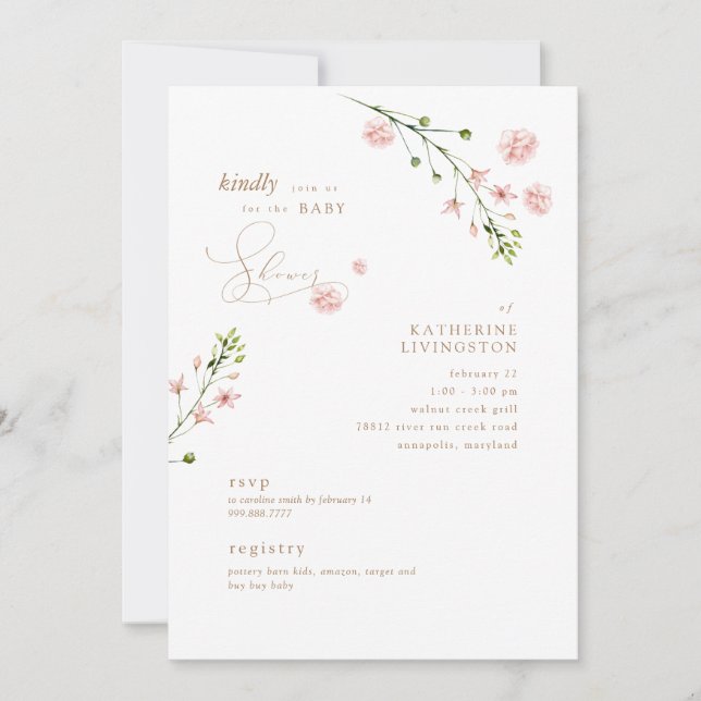 Elegant Pink Watercolor Floral Baby Shower  Invitation (Front)