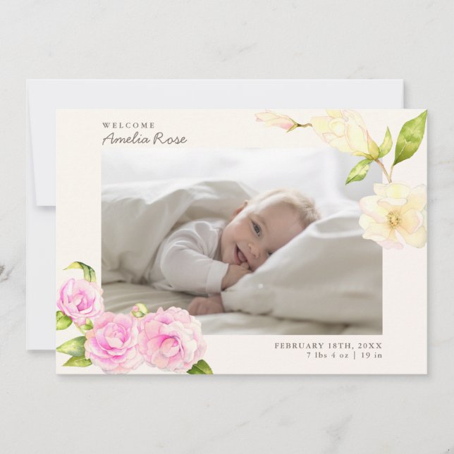 Elegant Pink Watercolor Floral Birth Announcement (Front)