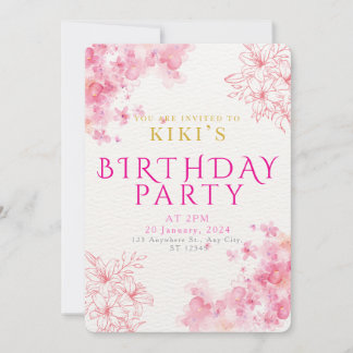 Elegant Pink Watercolor Floral Birthday Invitation