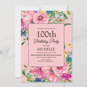 Elegant Pink Watercolor Floral Birthday Invitation