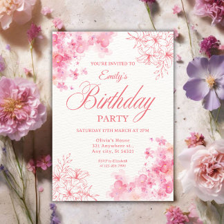 Elegant Pink Watercolor Floral Birthday Party Invitation