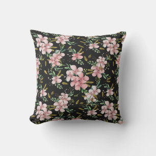 Elegant Pink Watercolor Floral Black Botanical  Cushion