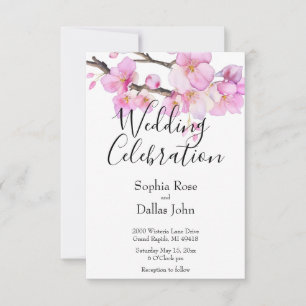 Elegant pink watercolor floral blossoms wedding invitation