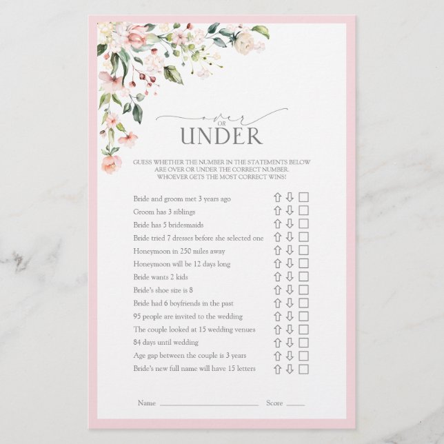 Elegant Pink Watercolor Floral Bridal Shower Game (Front)