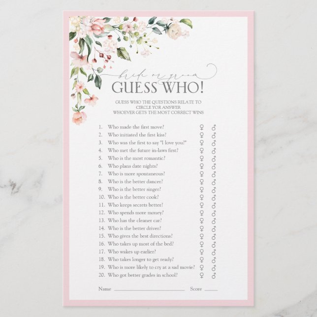 Elegant Pink Watercolor Floral Bridal Shower Game (Front)