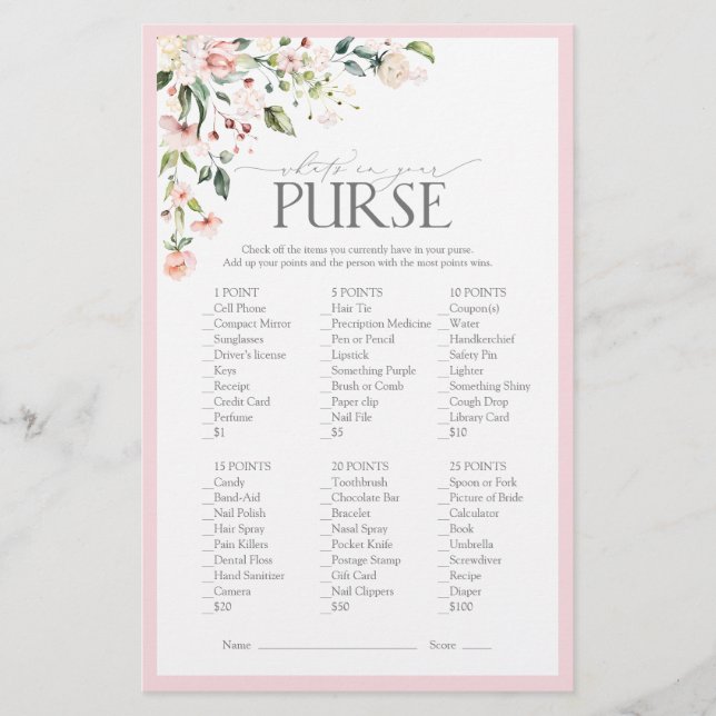 Elegant Pink Watercolor Floral Bridal Shower Game (Front)