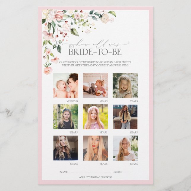 Elegant Pink Watercolor Floral Bridal Shower Game (Front)