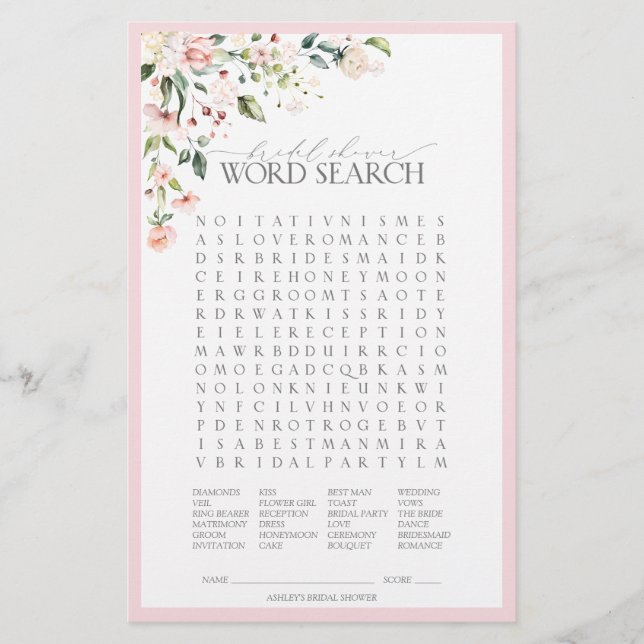 Elegant Pink Watercolor Floral Bridal Shower Game (Front)