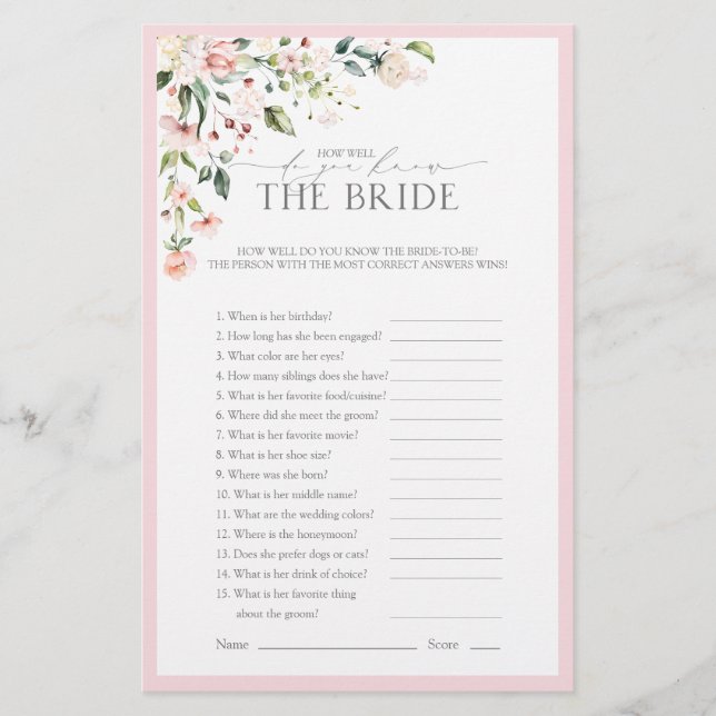 Elegant Pink Watercolor Floral Bridal Shower Game (Front)